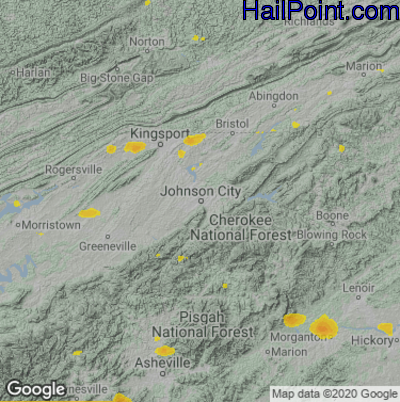 Hail Map for Johnson City, TN Region on July 10, 2020 