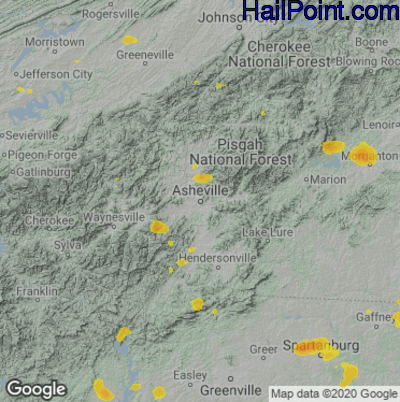 Hail Map for Asheville, NC Region on July 10, 2020