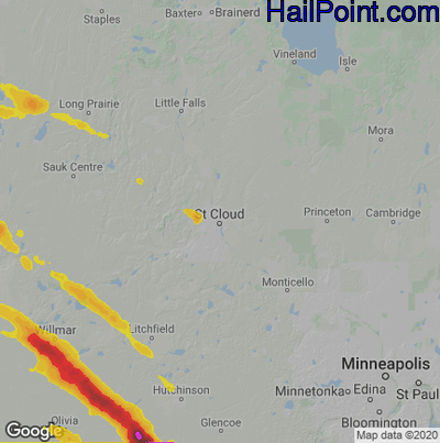 Hail Map for St Cloud, MN Region on July 11, 2020