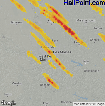Hail Map for Des Moines, IA Region on July 11, 2020