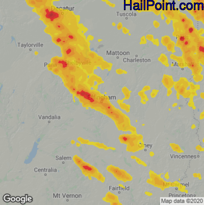 Hail Map for Effingham, IL Region on July 11, 2020