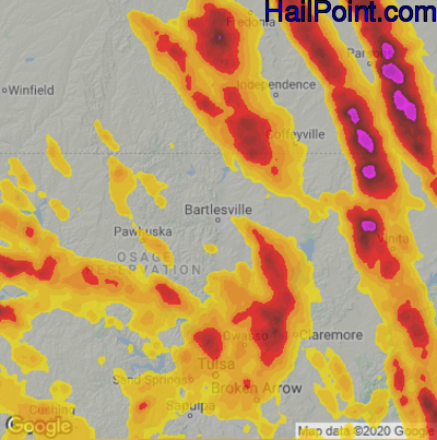 Hail Map for Bartlesville, OK Region on July 11, 2020 