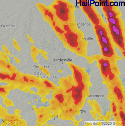Hail Map for Bartlesville, OK Region on July 11, 2020
