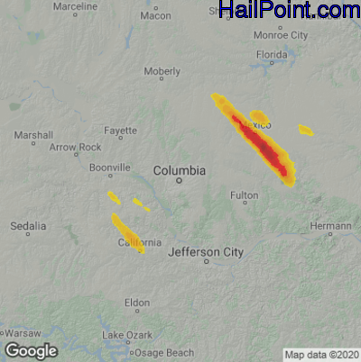 Hail Map for Columbia, MO Region on July 12, 2020