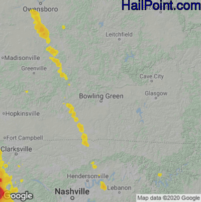 Hail Map for Bowling Green, KY Region on July 12, 2020 