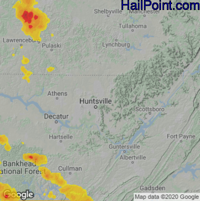 Hail Map for Huntsville, AL Region on July 12, 2020