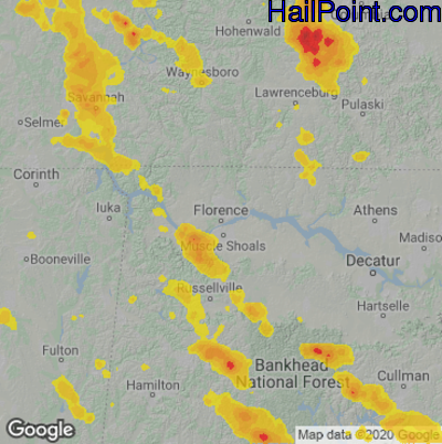 Hail Map for Florence, AL Region on July 12, 2020