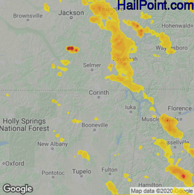 Hail Map for Corinth, MS Region on July 12, 2020 