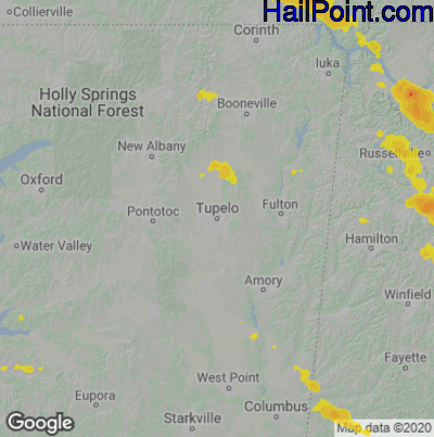 Hail Map for Tupelo, MS Region on July 12, 2020