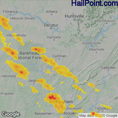 Hail Map for Cullman, AL Region on July 12, 2020