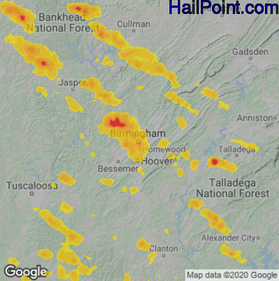 Hail Map for Birmingham, AL Region on July 12, 2020 