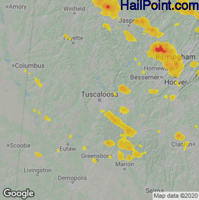 Hail Map for Tuscaloosa, AL Region on July 12, 2020
