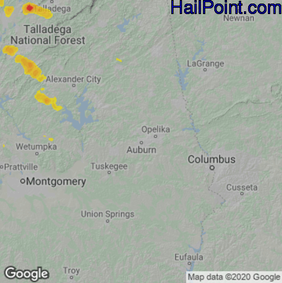 Hail Map for Auburn, AL Region on July 12, 2020