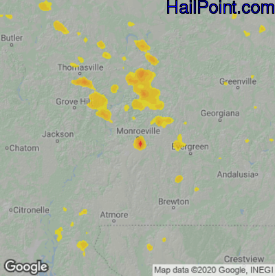 Hail Map for Monroeville, AL Region on July 12, 2020