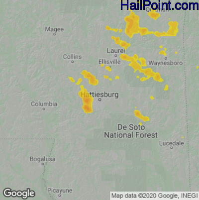 Hail Map for Hattiesburg, MS Region on July 12, 2020