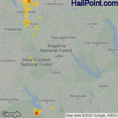Hail Map for Lufkin, TX Region on July 14, 2020