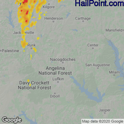 Hail Map for Nacogdoches, TX Region on July 14, 2020