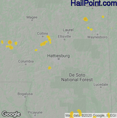 Hail Map for Hattiesburg, MS Region on July 14, 2020