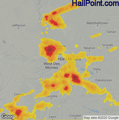 Hail Map for Des Moines, IA Region on July 14, 2020