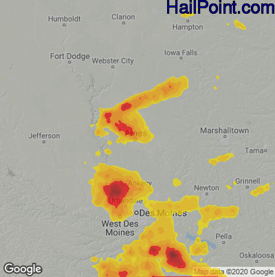Hail Map for Ames, IA Region on July 14, 2020