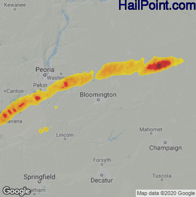 Hail Map for Bloomington, IL Region on July 15, 2020