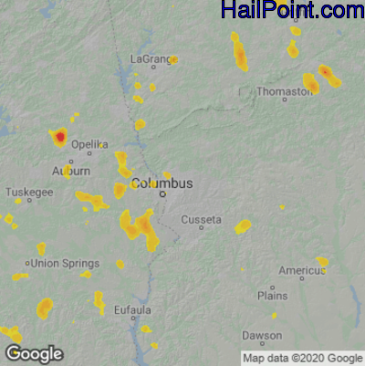 Hail Map for Columbus, GA Region on July 15, 2020