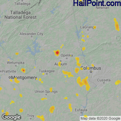 Hail Map for Auburn, AL Region on July 15, 2020