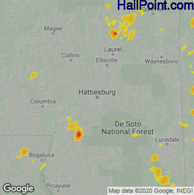 Hail Map for Hattiesburg, MS Region on July 15, 2020
