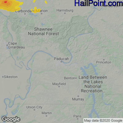 Hail Map for Paducah, KY Region on July 16, 2020