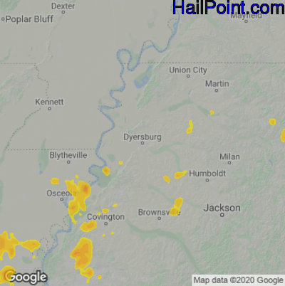 Hail Map for Dyersburg, TN Region on July 16, 2020