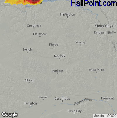 Hail Map for Norfolk, NE Region on July 17, 2020
