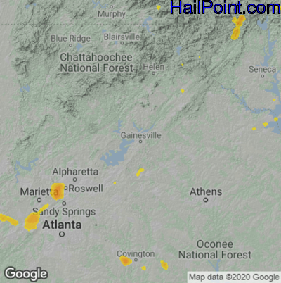 Hail Map for Gainsville, GA Region on July 18, 2020