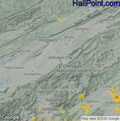 Hail Map for Johnson City, TN Region on July 18, 2020