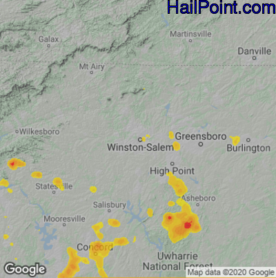Hail Map for Winston-Salem, NC Region on July 18, 2020