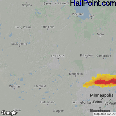 Hail Map for St Cloud, MN Region on July 18, 2020 