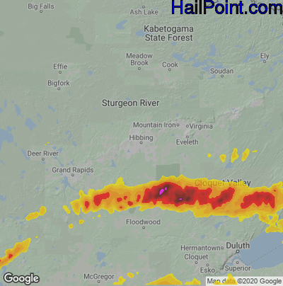 Hail Map for Hibbing, MN Region on July 18, 2020