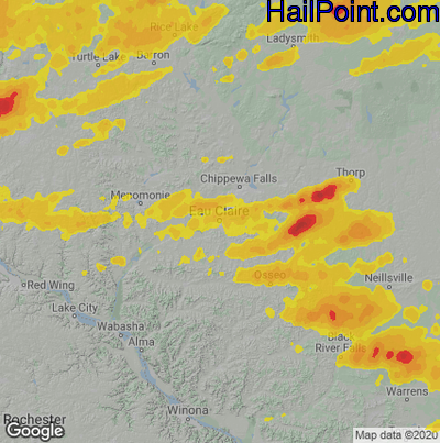 Hail Map for Eau Claire, WI Region on July 18, 2020