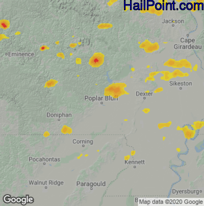 Hail Map for Poplar Bluff, MO Region on July 20, 2020