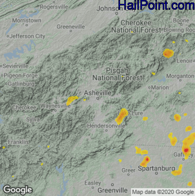 Hail Map for Asheville, NC Region on July 20, 2020