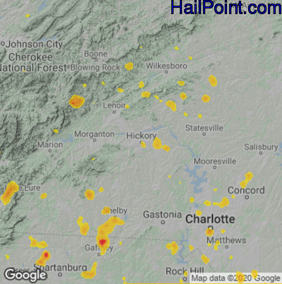 Hail Map for Hickory, NC Region on July 20, 2020