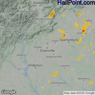 Hail Map for Greenville, SC Region on July 20, 2020
