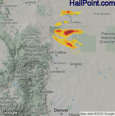Hail Map for Fort Collins, CO Region on July 20, 2020