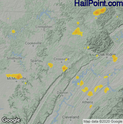Hail Map for Crossville, TN Region on July 20, 2020