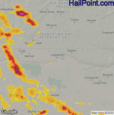 Hail Map for Valentine, NE Region on July 20, 2020