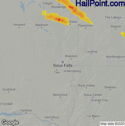 Hail Map for Sioux Falls, SD Region on July 21, 2020
