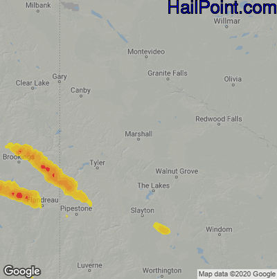 Hail Map for Marshall, MN Region on July 21, 2020