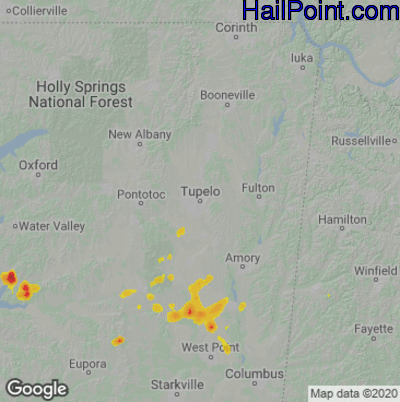 Hail Map for Tupelo, MS Region on July 21, 2020