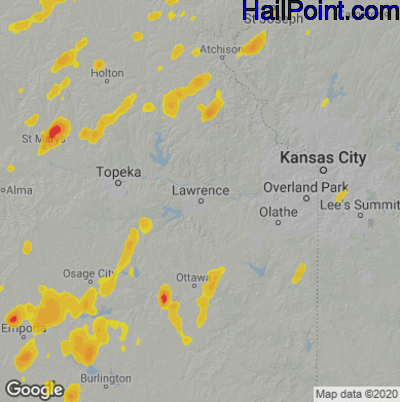 Hail Map for Lawerence, KS Region on July 21, 2020