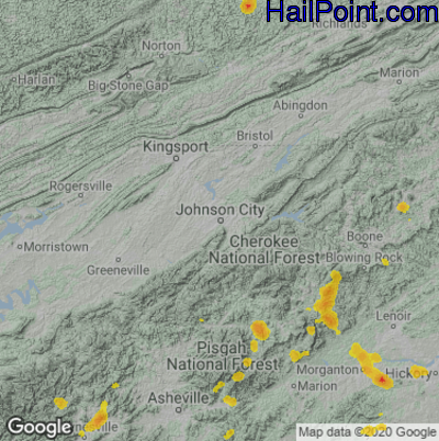 Hail Map for Johnson City, TN Region on July 21, 2020