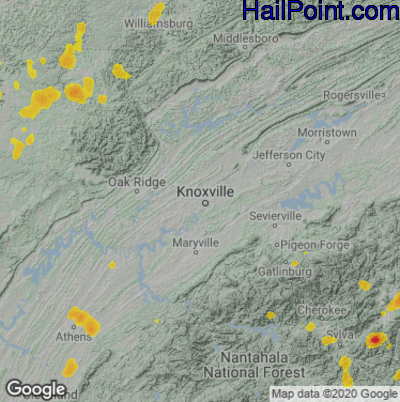 Hail Map for Knoxville, TN Region on July 21, 2020